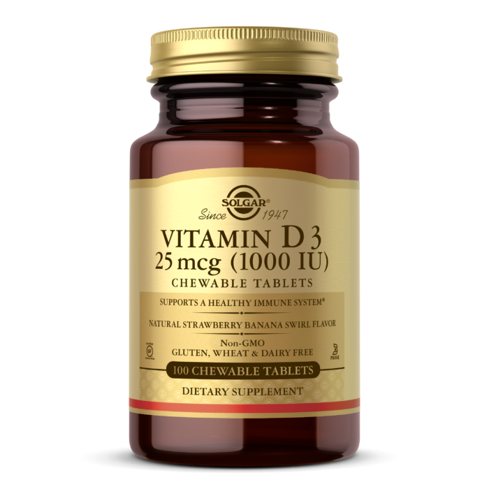 VITAMIN D3 (CHOLECALCIFEROL) 25 MCG (1000 IU) CHEWABLE TABLETS – NATURAL STRAWBERRY BANANA SWIRL FLAVOR